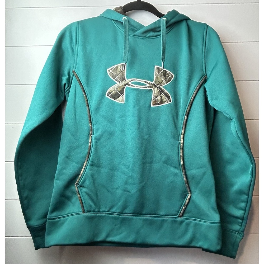 Under Armour Hoodie Womens Small Teal Turquoise Camo Pocket Pullover Hunting
